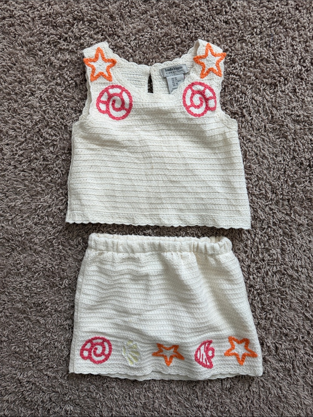 Haute Hippie Cream Two-Piece Kids Matching Set with Pink & Orange Embroidery